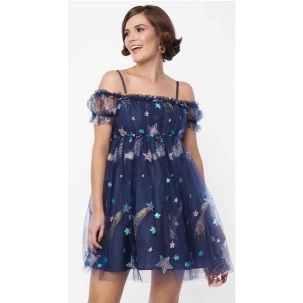 Unique Vintage Navy Embroidered Star Retro Tulle Babydoll Dress 4X NWOT